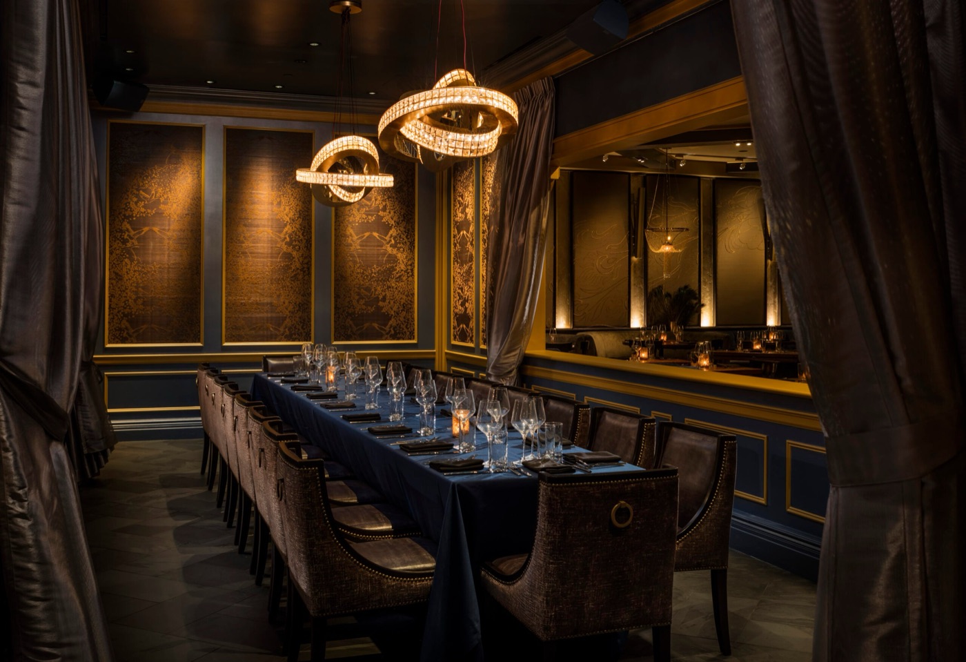 The Jewelry Box private dining room at Beauty & Essex with a long set table